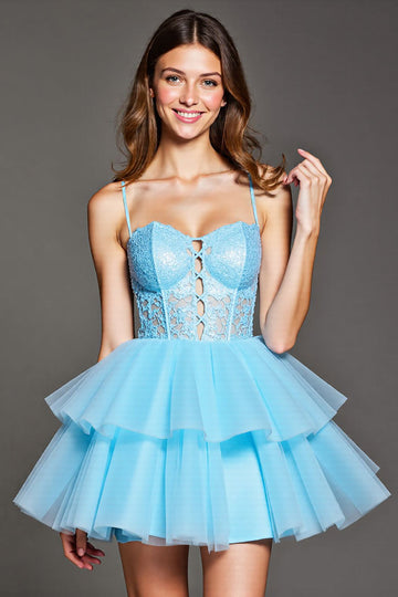 Tiered Sky Blue Corset Tulle Short Prom Dress with Appliques